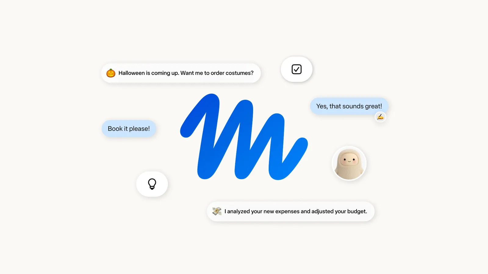Meta Muse personal AI agent illustration with chat bubbles where the agent offers to order costumes, the user replies "Book it please!", and the agent reports it has adjusted the budget