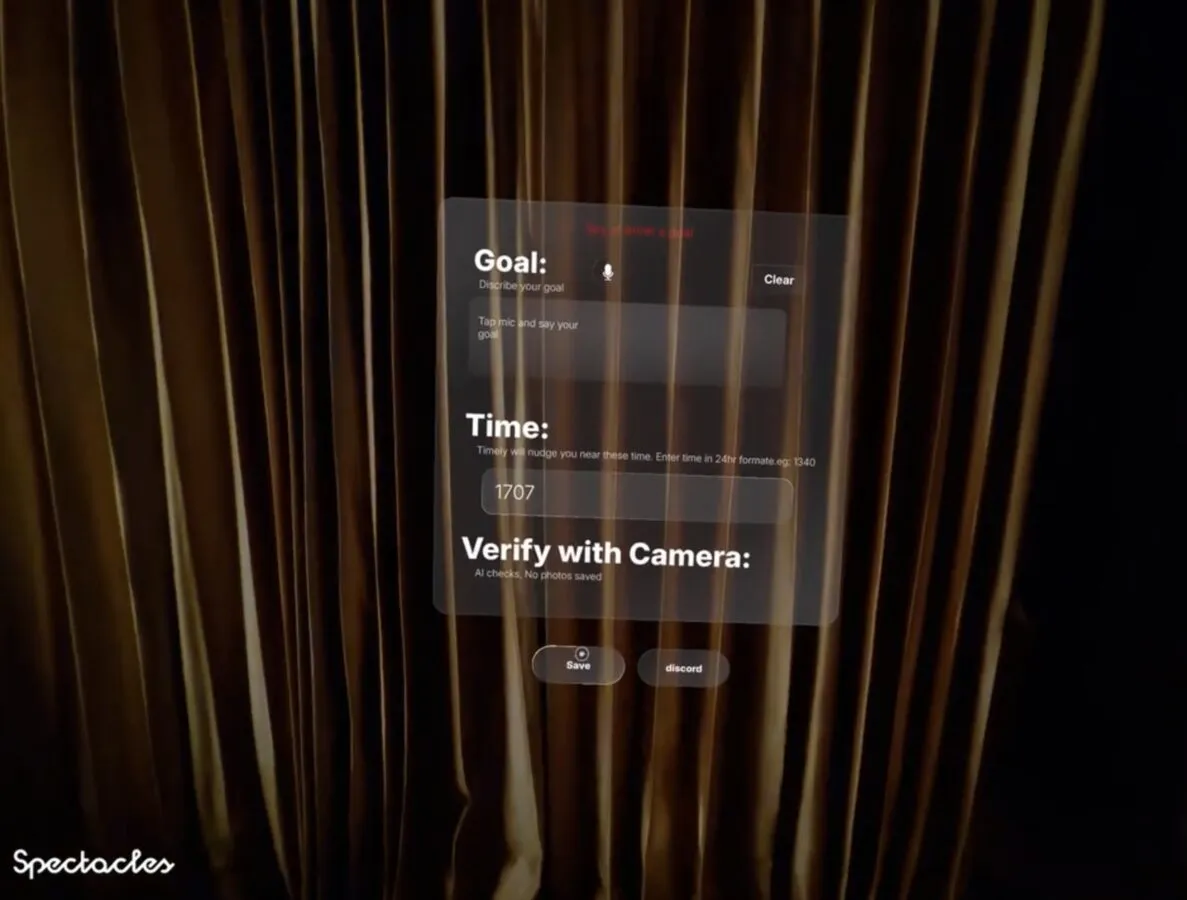 Timely running on Snap Spectacles, showing a floating panel with Goal, Time and Verify with Camera fields over a dark curtain backdrop