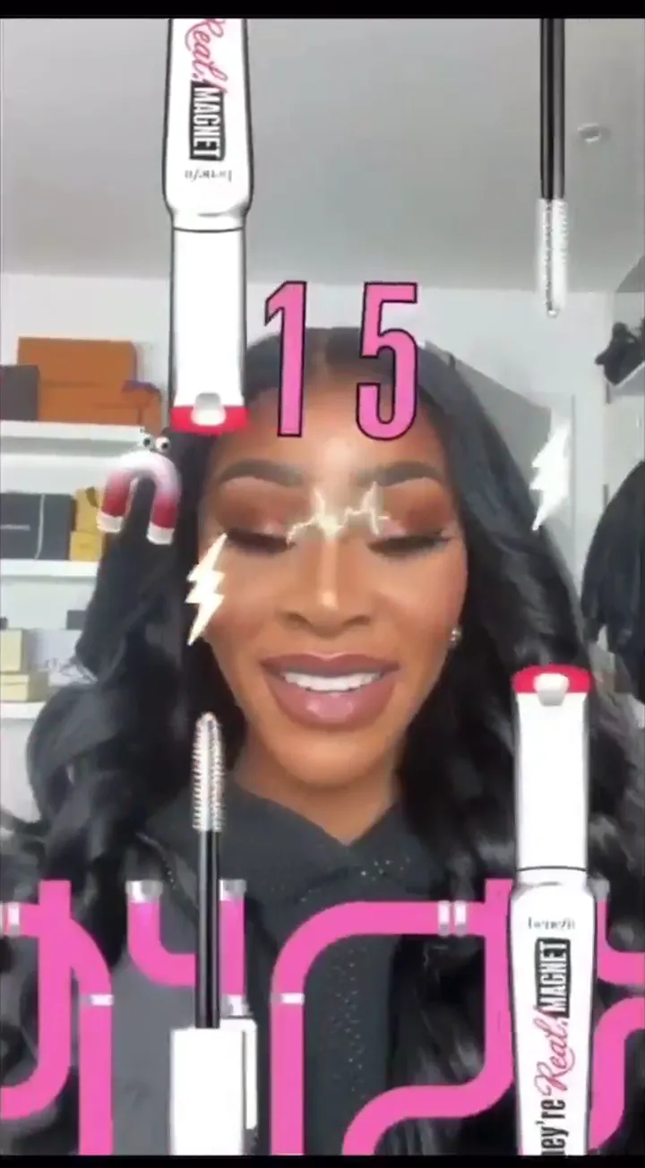 Benefit Brow Game on Instagram: a player blinks to steer a magnet past Benefit mascara-wand obstacles and electric sparks, with a score of 15 above her head