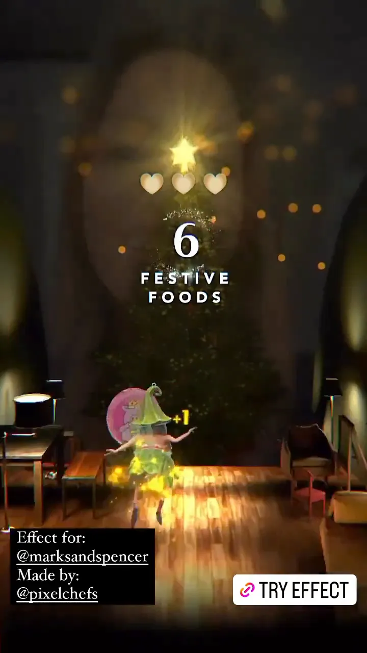 M&S Fairy Game on Instagram: a fairy runs across a warmly lit living-room scene collecting festive foods, with a score of 6 shown at the top