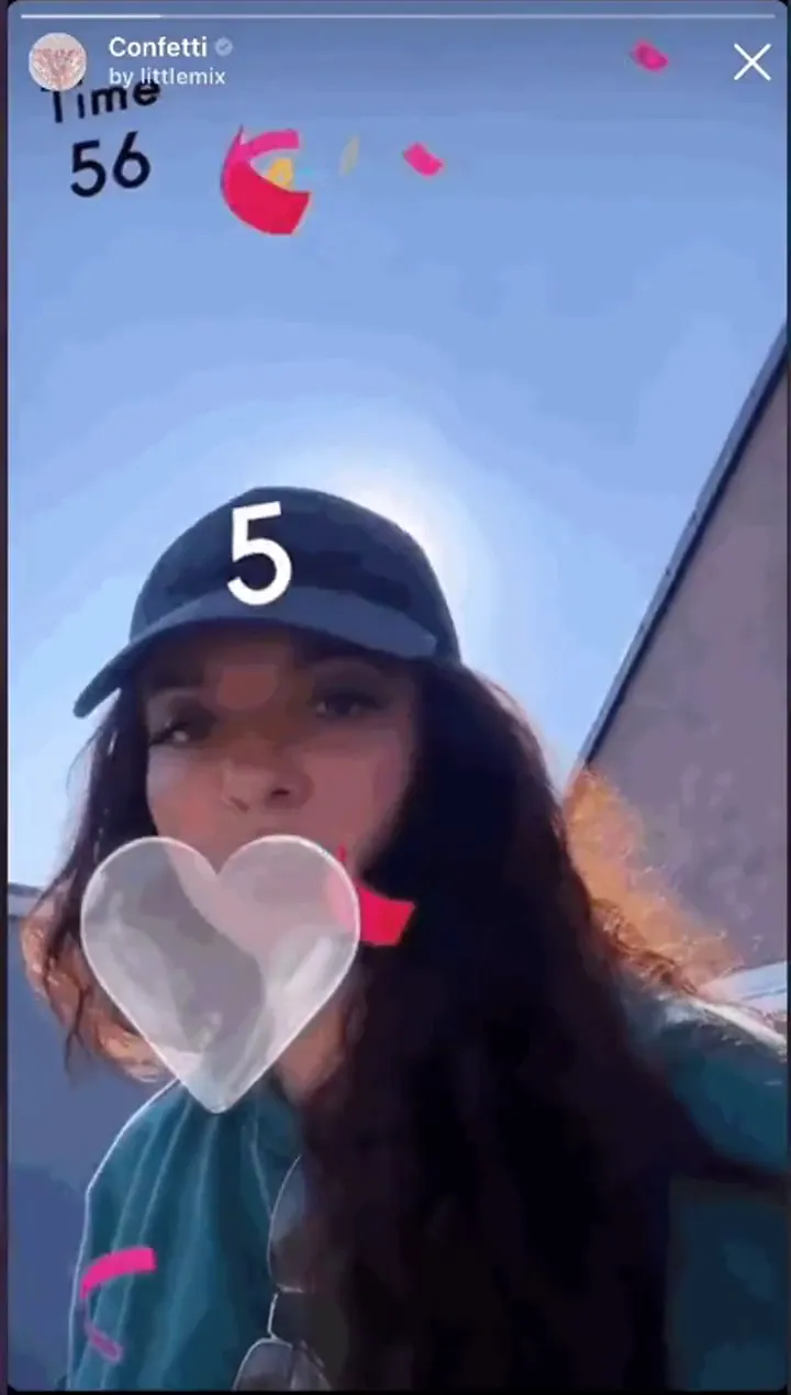 Instagram AR effect for Little Mix's Confetti album: a player in a cap catches falling confetti to fill a glass heart floating in front of her, with a 56-second timer and score of 5
