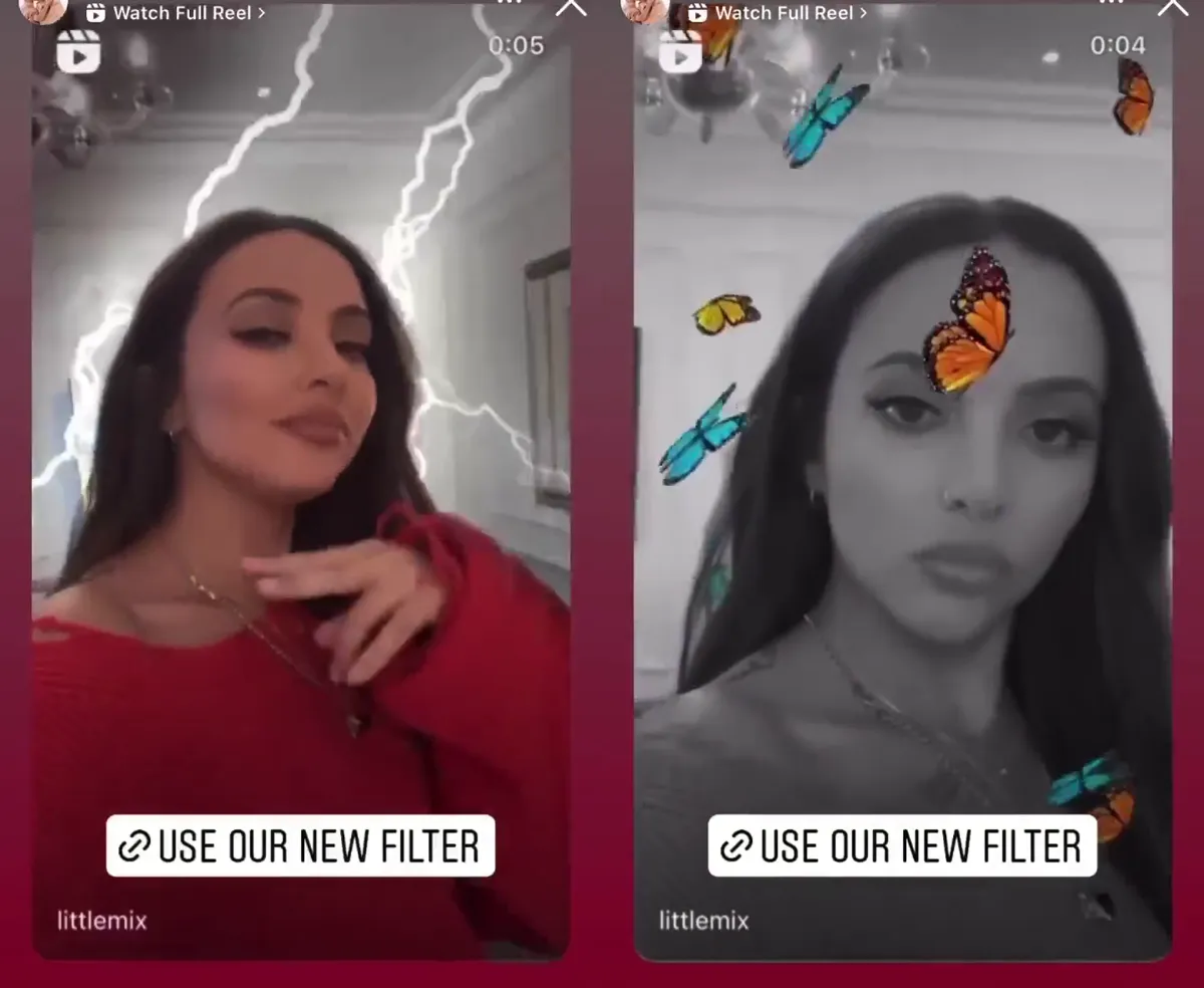 Two moments from the Little Mix Thunder Instagram AR effect: lightning crackles around a band member in one frame, then the scene turns black and white as orange and blue butterflies appear