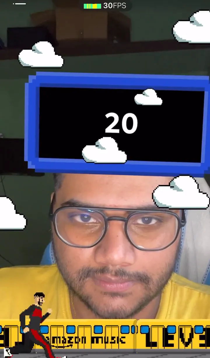 Instagram AR endless runner for Universal Music: a pixel-art character runs along a street of billboards below the player's face, with a score of 20 shown in a retro frame above their head