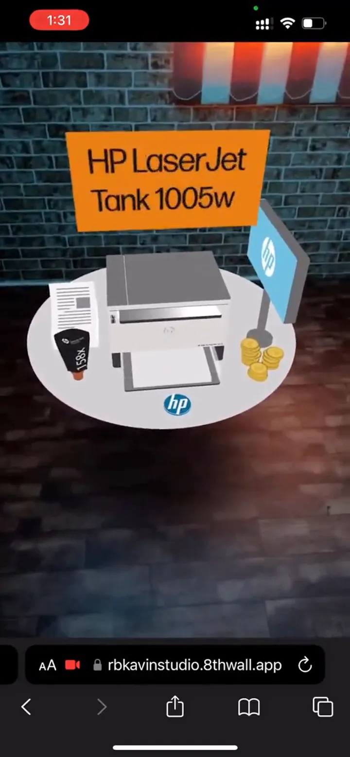 A phone browser running an 8th Wall WebAR scene with a 3D HP LaserJet Tank 1005w printer on a display plinth