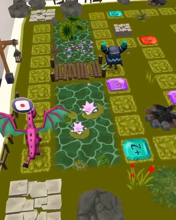 Mixed reality board game with a dragon piece and a horned robot piece on a shared grid of tiles, from an RBKAVIN. Immersive Studio multiplayer R&D build