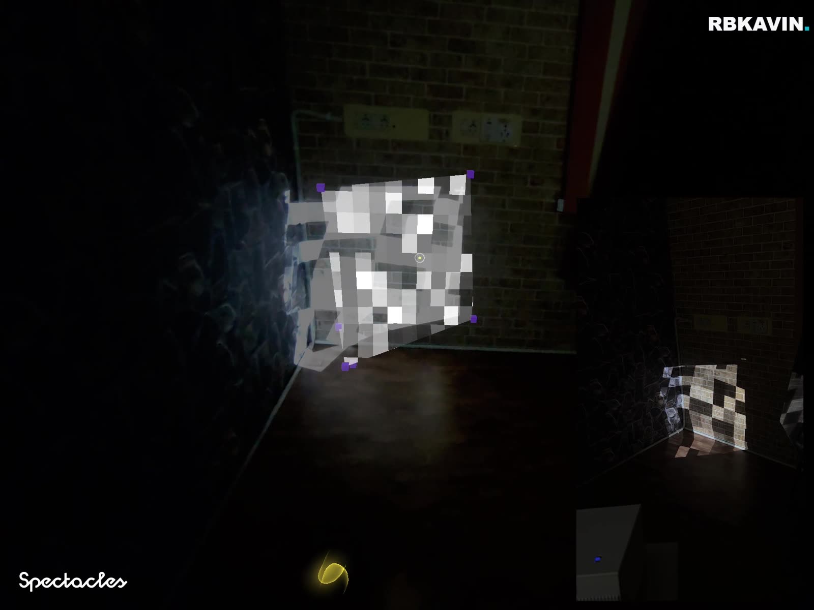 Split view showing a checkered material shape being designed on Snap Spectacles alongside the same design projected live onto a real brick wall