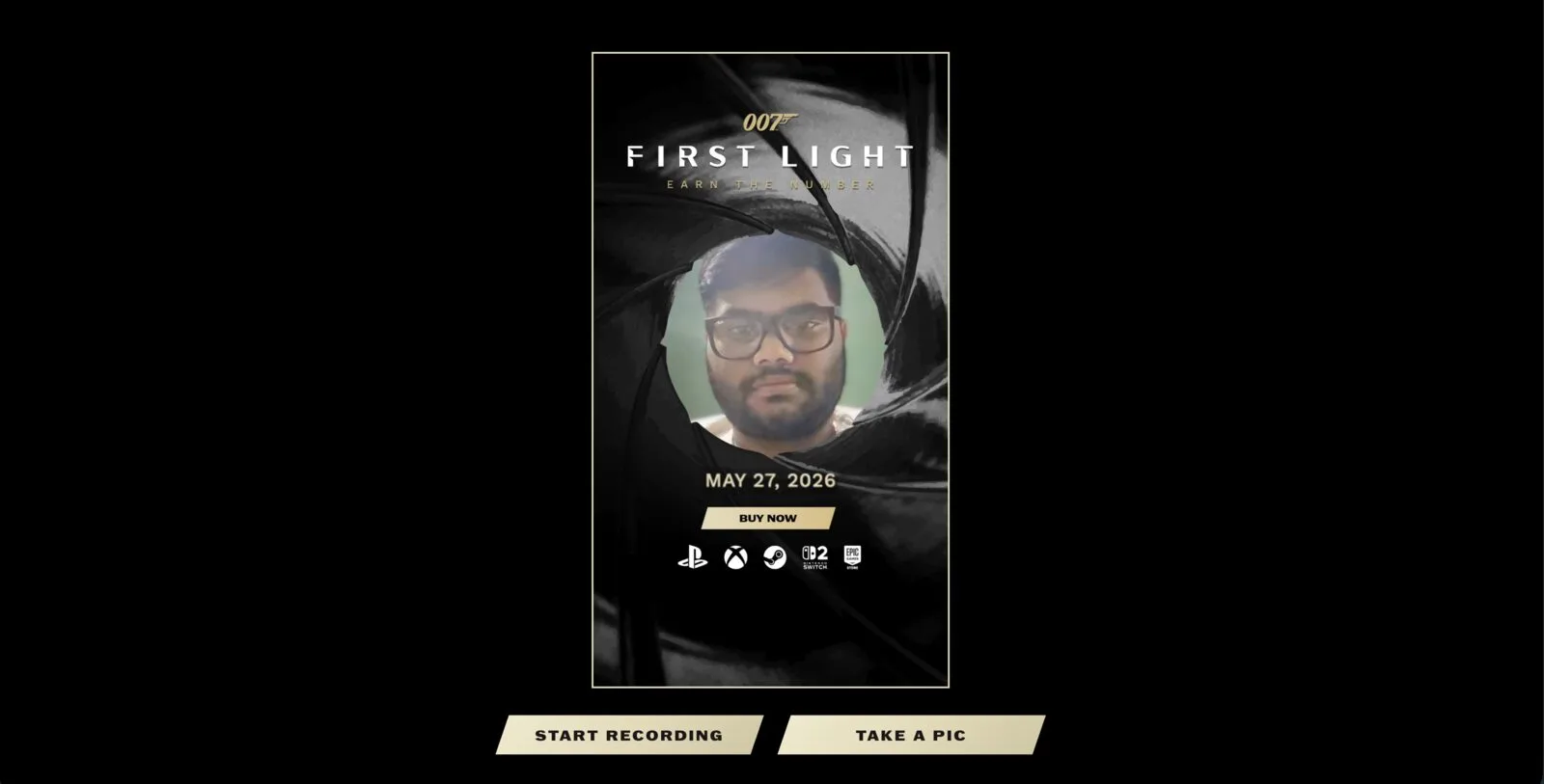 007 First Light WebAR active filter showing user face inside gunbarrel frame with game branding and launch date