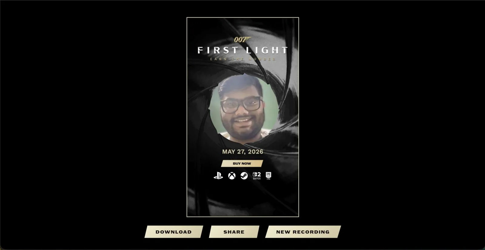 007 First Light WebAR share screen showing download, share, and new recording options after capture