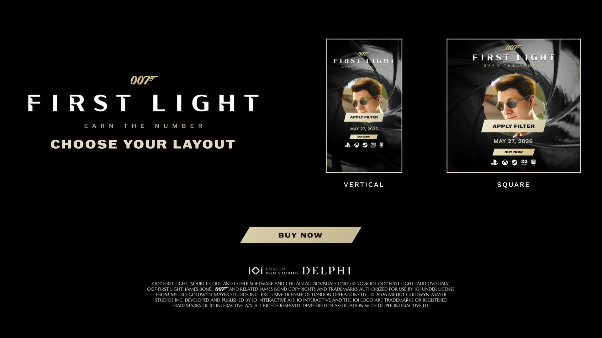 007 First Light WebAR layout chooser showing vertical and square frame options with game branding