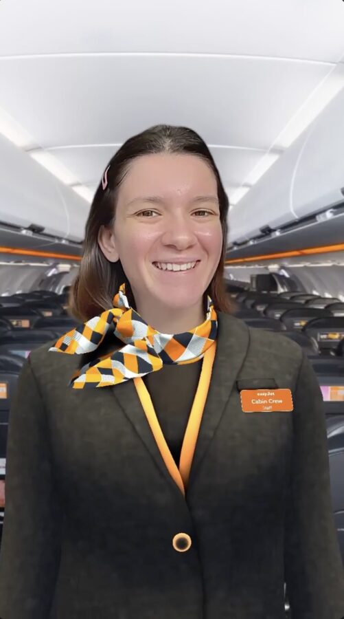 Instagram AR filter: easyJet uniform in flight cabin with name tag