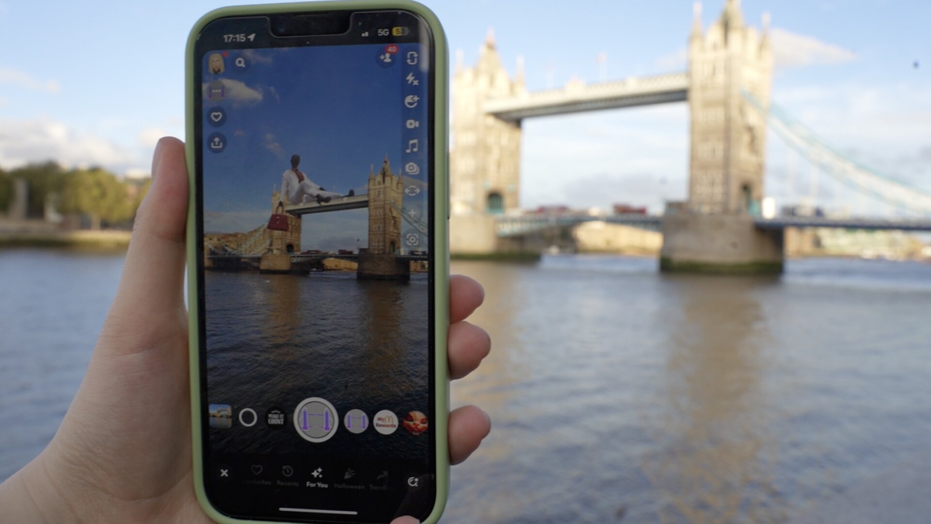 Tower Bridge AR lens: world-locked character anchored to the bridge
