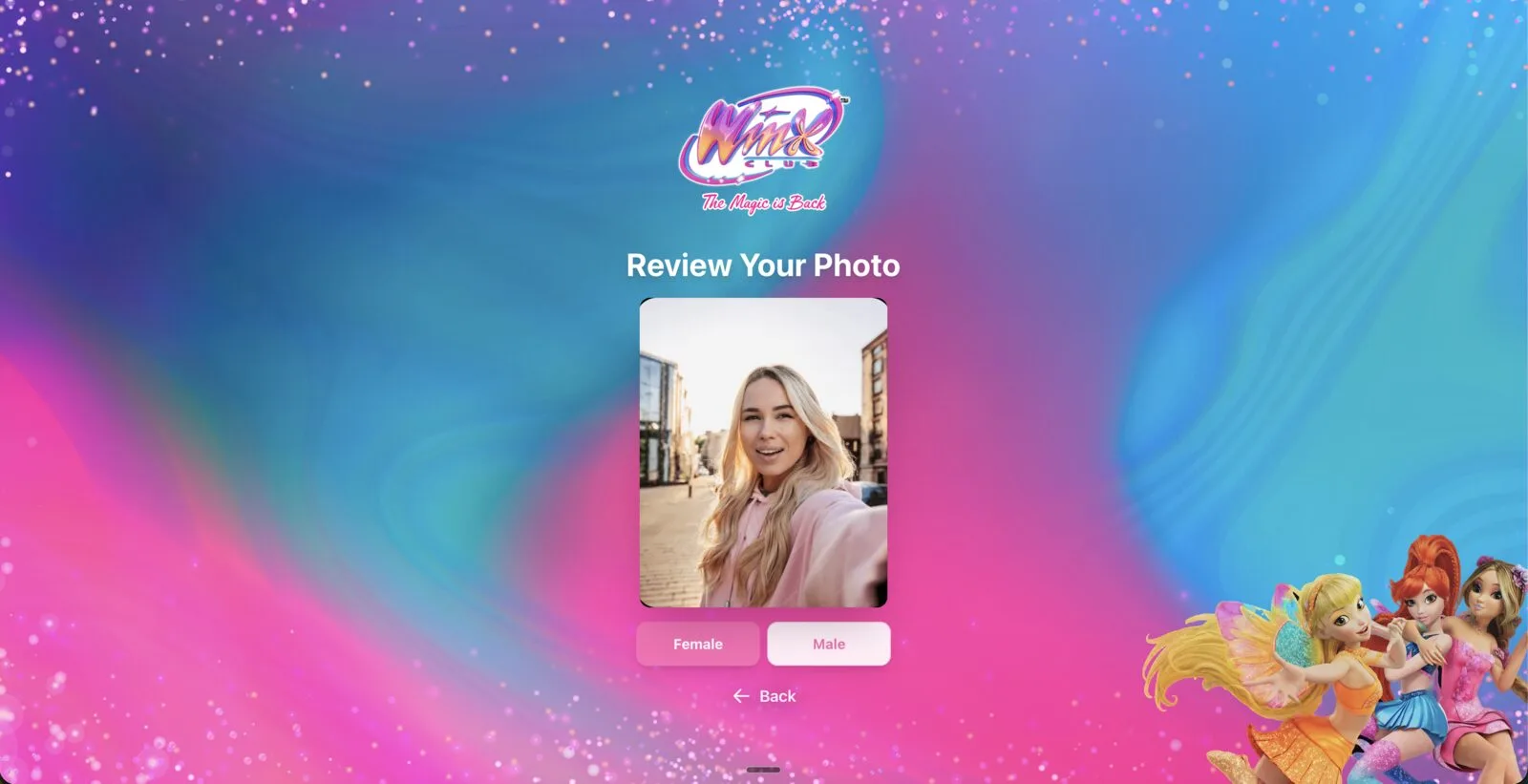 Winx-ify Me photo review screen with female/male character style selector