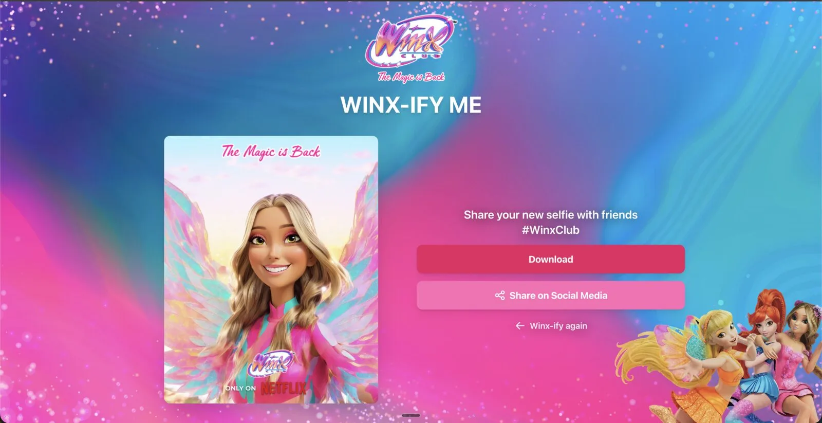 Winx-ify Me result: AI-generated Winx character portrait with download and share